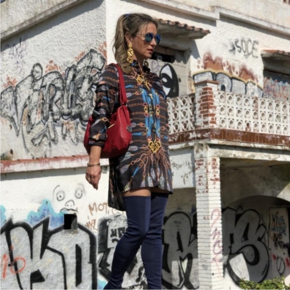 ZARA BLOGGER FAVE Black & Blue Chain Scarf Printed Long Tunic Blouse Top XS - Picture 9 of 17